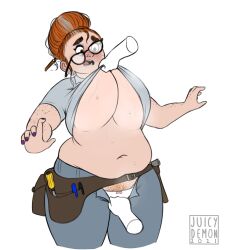 1boy 1girls bbw belly big_breasts chubby faceless_male forced_exposure freckles ginger glasses juicydemon mechanic milf orange_hair overweight overweight_female pubic_hair rachel_(juicydemon) shirt_lift surprised underboob