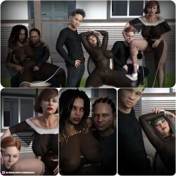 3boys 3d 3girls age_difference dark-skinned_female dark-skinned_male dark_skin group huge_breasts karmasou large_breasts older_female pubic_hair seated see-through see-through_clothing sitting slushe_(website) standing younger_male