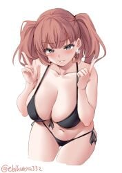 ass_visible_through_thighs atlanta_(kantai_collection) bangs bikini black_bikini blush breasts earrings ebifurya eyebrows_visible_through_hair female front-tie_bikini front-tie_top grey_eyes hands_up highres jewelry kantai_collection large_breasts leaning_forward looking_at_viewer navel one-hour_drawing_challenge parted_lips seductive_smile side-tie_bikini simple_background skindentation smile solo star_(symbol) star_earrings string_bikini swimsuit thighs twintails twitter_username white_background