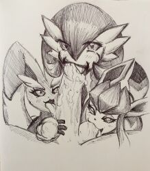 1boy 3girls anthro ball_lick balls drawn eeveelution eyelashes fellatio feral gardevoir glaceon half-closed_eyes huge_cock human human_penetrating licking licking_penis lopunny monochrome nintendo open_mouth oral penis pikapika212 pokémon_(species) pokemon pokemon_(species) tongue tongue_out traditional_media_(artwork) veiny_penis video_games