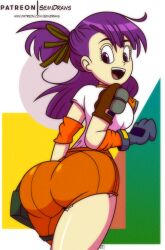 1girls artist_name ass big_ass big_butt bubble_butt bulma_briefs dragon_ball dragon_ball_(classic) highres purple_hair semidraws short_shorts teenage_bulma teenager tight_shorts wild_rider_suit