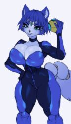 anthro big_breasts blue_fur bodysuit breasts busty cleavage fox fur furry green_eyes huge_breasts jay-marvel krystal krystal_(assault_outfit) muscular muscular_thighs nintendo shiny_clothes skin_tight star_fox wide_hips