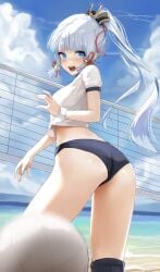 absurdres alternate_costume ass bangs beach blue_eyes blue_hair blue_sky blunt_bangs blurry blush breasts buruma cloud crop_top day depth_of_field dolri female floating_hair from_behind genshin_impact hair_ornament hair_ribbon highres kamisato_ayaka long_hair looking_at_viewer looking_back midriff open_mouth outdoors ponytail ribbon shirt sidelocks silver_hair sky solo sweatdrop t-shirt thighs tress_ribbon volleyball volleyball_net white_shirt wristband