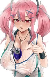 1girls 2022 azur_lane beauty_mark blush breasts bremerton_(azur_lane) bremerton_(scorching-hot_training)_(azur_lane) cleavage female female_only hair_ornament hairclip hotate-chan huge_breasts looking_at_viewer medium_hair mole_on_breast mole_under_eye necklace object_between_breasts pink_eyes pink_hair simple_background smile sportswear tennis_uniform twintails water water_bottle wet wet_body wet_clothes white_background