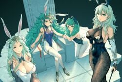 4girls alternate_costume amiba_(nerdamiba) animal_ears bangs bare_shoulders black_hairband black_leotard blue_leotard blunt_bangs bow bowtie bowtie_collar braid breasts bridal_gauntlets bunny_ears bunny_girl bunnysuit byleth_(fire_emblem) byleth_(fire_emblem)_(female) cleavage closed_mouth covered_navel crossed_legs detached_collar drill_hair elbow_gloves expressionless fake_animal_ears female female_only fire_emblem fire_emblem:_three_houses flayn_(fire_emblem) gloves green_eyes green_hair hairband highres kneeling large_breasts leotard light_smile long_green_hair long_hair multiple_girls nintendo pantyhose playboy_bunny pointy_ears rabbit_ears rabbit_tail red_ribbon rhea_(fire_emblem) ribbon ribbon_braid shoes sitting sothis_(fire_emblem) tail throne tiara twin_braids twin_drills very_long_hair white_gloves white_legwear white_leotard white_ribbon wrist_cuffs wrist_ribbon