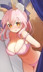 animal_ear_fluff animal_ears blue_bow blue_ribbon blush bow bra breasts cleavage cute eyebrows_visible_through_hair fate/extella fate/extra fate/extra_ccc fate/grand_order fate_(series) female fox_ears fox_girl fox_tail glasses hair_ribbon large_breasts navel oerba_yun_fang open_mouth panties pink_bra pink_hair pink_panties ribbon solo split_ponytail tail tamamo_no_mae_(fate) tsukimi_okayu underwear underwear_only yellow_eyes