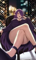 1girls belza_shuba'ha_(meikyuu_black_company) big_breasts breasts cleavage clothed clothed_female clothing curvy female female_focus female_only folded_leg high_heels horns huge_breasts long_hair looking_at_viewer meikyuu_black_company purple_hair sitting sitting_on_chair smile smiling smiling_at_viewer solo solo_female sp123 the_dungeon_of_black_company thick_thighs