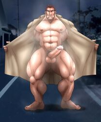 1boy balls bara boner dilf endeavor_(my_hero_academia) enji_todoroki erection gay hairy hitenmaru male male_nipples male_only muscles muscular musk my_hero_academia penis solo solo_male sweat sweating sweaty trenchcoat