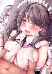 +_+ 1boy 2girls absurdres after_ejaculation after_paizuri azur_lane blush breast_grab breasts charybdis_(azur_lane) covered_nipples dido_(azur_lane) dime-san elbow_gloves eyebrows_visible_through_hair full-face_blush gloves grabbing grey_eyes grey_hair highres large_breasts long_hair maid_headdress multiple_girls open_mouth paizuri paizuri_under_clothes peeping purple_hair see-through_shirt sleeveless tears underboob white_gloves