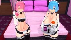 2girls 3d alternate_breast_size bangs bed bedroom blue_eyes blue_hair buttplug choker cleavage condom_packet custom_maid_3d_2 disgusted female_only frilled frilled_bikini frilled_choker frilled_gloves gloves goricom hair_over_one_eye hair_ribbon hairclip happy huge_breasts large_breasts looking_at_viewer lube lube_bottle maid maid_bikini maid_headdress navel neckwear pink_hair ram_(re:zero) re:zero_kara_hajimeru_isekai_seikatsu rem_(re:zero) ribbon serving_tray sex_toy skimpy skimpy_clothes skirt small_breasts smile thick_thighs thighhighs tray white_gloves