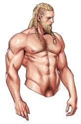 1boy abs areyoucracked assassin's_creed_(series) assassin's_creed_valhalla beard blonde_hair blue_eyes body_hair braided_hair dick_root eivor_varinsson facial_hair finvar long_hair_male male male_nipples male_only male_pubic_hair muscular muscular_male pecs penis_peek solo_male tattoo viking