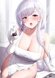 1girls 2022 :o apron azur_lane bangs belfast_(azur_lane) blush breasts candy chocolate cleavage collarbone commentary elbow_gloves eyebrows_visible_through_hair feeding female female_focus female_only food futon_fly_away gloves heart heart-shaped_chocolate highres large_breasts light-skinned_female light_skin long_hair looking_at_viewer naked_apron open_mouth purple_eyes sideboob silver_hair sitting solo thighs valentine white_apron white_gloves