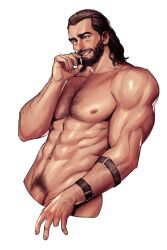 1boy abs areyoucracked assassin's_creed_(series) basim_ibn_ishaq beard black_hair body_hair brown_eyes dick_root facial_hair finvar long_hair_male male male_nipples male_only male_pubic_hair muscular muscular_male nude_male pecs penis_peek solo_male