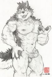 2022 abs anthro balls barrel_(live-a-hero) canid canine canis erection felixleong fur genitals gesture humanoid_genitalia humanoid_penis lifewonders live-a-hero looking_at_viewer male mammal muscular muscular_male nipples nude one_eye_closed pawpads penis pointing pointing_at_viewer signature solo tongue tongue_out toronoeroaka traditional_media_(artwork) video_games wink wolf