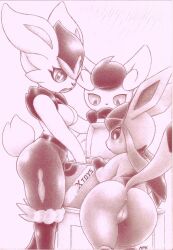 ass breasts cinderace eeveelution female female_cinderace feral fullfolka genitals glaceon graphite_(artwork) group hi_res humanoid meowstic monochrome nintendo pencil_(artwork) pokémon_(species) pokemon pokemon_only pussy simple_background traditional_media_(artwork) trio video_games