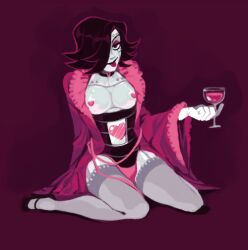 alcohol ambiguous_gender androgynous breasts femboy high_heels hotlegmeme man_boobs mettaton mettaton_ex on_knees robe solo stockings tongue_out undertale undertale_(series) wine_glass