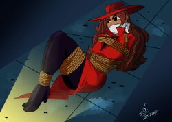 bondage breasts carmen_sandiego carmen_sandiego_(2019) cloth_gag gag gagged lustdidharem rope_bondage tied_up