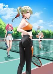 3girls ass ass_focus athletic athletic_female azur_lane bache_(azur_lane) bache_(showy_sports_star)_(azur_lane) bare_arms bare_legs bare_shoulders black_legwear black_pants bra breasts bremerton_(azur_lane) bremerton_(scorching-hot_training)_(azur_lane) choker cleavage clothed clothing clothing_cutout cowboy_shot ear_piercing female female_only from_behind giuseppe_garibaldi_(azur_lane) green_hair high_ponytail highres horns jewelry large_breasts leggings light-skinned_female light_skin looking_at_viewer looking_back medium_breasts midriff miniskirt multicolored_hair multiple_girls ohisashiburi outdoors pink_hair ponytail red_eyes small_breasts sports_bra sportswear sweat tennis_court tennis_uniform thighs tight_clothing toned toned_female twintails yoga_pants