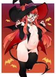 1girls bat_wings black_gloves black_nails black_thighhighs cute demon_tail elf elf_ears elf_female feet female female_only flat_chest freckles freckles_on_face freckles_on_shoulders glasses green_eyes halloween kenshin187 kiara_(kenshin187) long_hair open_mouth orange_hair original_character pointy_ears slq smile solo solo_female thick_thighs thighhighs thighs wide_hips wings witch witch_hat