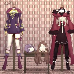 ahe_gao bernadetta_von_varley boots brown_hair crying crying_with_eyes_open death decapitation dorothea_arnault dress earrings female female_death fire_emblem fire_emblem:_three_houses gloves gore guro headless impalement long_hair nintendo purple_hair short_hair tears wooden_stake