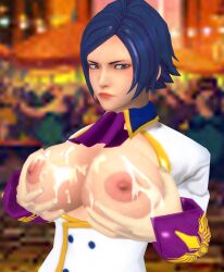 annoyed annoyed_expression big_breasts blue_eyes blue_hair breasts cum cum_on_breasts elisabeth_blanctorche hankerchief king_of_fighters lordryu nipples no_bra reluctant solo solo_female xnalara xps