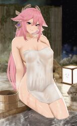 1girls 2022 absurdres animal_ears bathing breasts bucket covered_navel earrings female female_focus female_only floppy_ears fox_ears genshin_impact grin hair_between_eyes hair_ornament highres jewelry lamp large_breasts long_hair looking_at_viewer naked_towel night nvl onsen outdoors pink_hair purple_eyes rock sitting smile solo teeth thighs towel very_long_hair wet wet_hair yae_miko