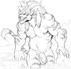 1boy anthro badcoyote balls bathing biceps black_and_white body_hair charr claws crotch_tuft ear_piercing eyebrows facial_piercing felid flaccid foreskin fur genitals grin guild_wars happy_trail hi_res horn humanoid_genitalia humanoid_penis looking_at_viewer male male_only mammal mane monochrome multi_horn muscular muscular_anthro muscular_male navel nipple_piercing nipples nose_piercing nose_ring nude partially_submerged penis piercing pubes signature skinny_dipping slightly_chubby smile solo striped_body striped_fur stripes teeth thick_eyebrows tuft vein veiny_penis video_games walking water wet wet_body wet_fur