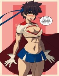 abs blush brown_eyes brown_hair capcom cleavage cosplay crossover_cosplay dc dc_comics fit_female gloves headband large_breasts looking_at_viewer miniskirt sakura_kasugano short_hair speech_bubble street_fighter supergirl_(cosplay) superman_(series) thick_thighs torn_clothes triplexmile voluptuous