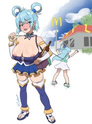 age_progression alternate_breast_size alternate_costume aqua_(konosuba) areola areola_slip areolae big_breasts bimbo blue_eyes blue_hair blush breasts cleavage clothed clothing female female_only kono_subarashii_sekai_ni_shukufuku_wo! large_breasts looking_at_viewer mcdonald's milf myahogao open_mouth outdoors outside solo_focus