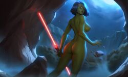 1girls amber_eyes ass black_hair bubble_butt double_bladed_lightsaber green_skin large_breasts lightsaber mirialan naked nude nude_female original_character outside short_hair sith star_wars ullr voluptuous