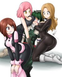 1boy 3girls blonde_hair boots breast_press breast_smother breasts brown_eyes brown_hair buttjob camie_utsushimi cleavage cleavage_cutout famboykq gloves green_hair harem imminent_sex izuku_midoriya jealous lap_dance latex_suit long_hair mei_hatsume my_hero_academia ochako_uraraka pale-skinned_female pale_skin pink_hair sandwiched slq symbol-shaped_pupils teasing teenager wide_hips yellow_eyes