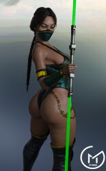 1girls 3d back_view big_ass big_breasts black_hair dark-skinned_female female female_only gm_studios jade_(mortal_kombat) long_hair looking_at_viewer massive_ass mortal_kombat mortal_kombat_11 rear_view solo_female thick_thighs