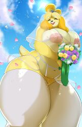 absurd_res animal_crossing anthro areola belly big_breasts black_nose blonde_hair bouquet breasts canid canine canis chubby_anthro chubby_female closed_eyes clothing cloud domestic_dog dress female flower hair happy hi_res isabelle_(animal_crossing) mammal navel nintendo nipples open_mouth open_smile outside plant princesssamoyed shih_tzu sky slightly_chubby smile solo toy_dog video_games wedding_dress yellow_body yellow_tail