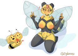 absurd_res anthro arthropod bee big_breasts breasts combee female genitals gesture hi_res hymenopteran insects nintendo pokémon_(species) pokemon pussy solo thick_thighs v_sign vespiquen video_games zyclone10