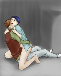 2boys attack_on_titan freckles gay gay_sex jean_kirstein male_only male_penetrated marco_bodt no_pants on_top pleasure_face saliva_trail shingeki_no_kyojin shirt_only shirt_open tears_of_pleasure