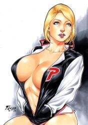 big_breasts dc_comics ed_benes_studio female female_only fred_benes karen_starr kryptonian power_girl solo_female varsity_jacket