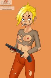 belly_button blonde_hair blue_eyes breasts cigarette cigarette_in_mouth enter_the_gungeon female filler_shmazman freckles holding_gun nipples orange_pants pants ripped_shirt scar shotgun small_breasts tagme the_convict_(enter_the_gungeon)