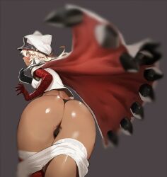 ass bandaged_arm bandages big_ass blurry blush breasts cape colored_eyelashes dark-skinned_female dark_skin embarrassed female from_behind grey_background guilty_gear guilty_gear_strive hat kasei_yukimitsu long_hair ramlethal_valentine shorts simple_background solo thigh_strap thong white_hair