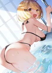 1girls 2020 :d ass back_tattoo bare_shoulders bent_over big_breasts bikini black_bikini blonde_hair blush breasts dutch_angle eyebrows_visible_through_hair female female_focus female_only gaou gaou_(umaiyo_puyoman) getting_out_of_pool hair_ornament hairclip hanging_breasts highleg highleg_bikini highres hololive hololive_gen_1 hololive_japan large_breasts looking_at_viewer looking_back oerba_yun_fang open_mouth pool short_hair skin_fang smile solo solo_female strap_slip string_bikini swimsuit tattoo thighs thong_bikini vampire virtual_youtuber water wet wing_tattoo yellow_eyes yozora_mel