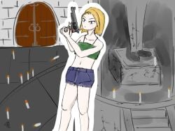 blonde_hair blue_eyes crop_top door enter_the_gungeon firearm gun handgun holding_gun kanran light-skinned_female light_skin revolver shorts statue tagme the_convict_(enter_the_gungeon) weapon