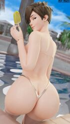 1girls 3d ass back_view big_ass bikini blizzard_entertainment female female_only noir-nights overwatch pool popsicle solo_female tracer