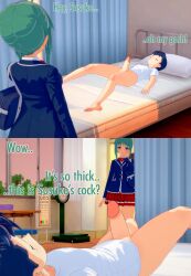 1boy 1girls balls bed blush bottomless caption english_text erection female hidekimotto hidekimotto hospital_bed infirmary male nurse_office penis_awe school_girl school_uniform sleeping thick_penis