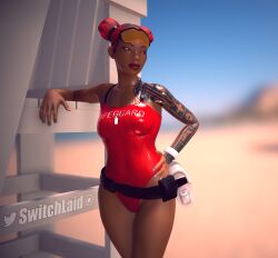 3d accessories apex_legends beach belt blue_tattoo bracelet breasts bun_hair clothed dark-skinned_female dark_skin full_lips glasses glasses_on_head jewelry lifeguard lifeline_(apex_legends) red_clothing red_hair revealing_clothes sleeve_tattoo space_buns summer sunglasses sunny swimsuit switchlaid tattoo tattoos video_game video_games wet wet_skin wet_swimsuit whistle