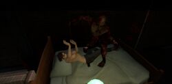 1girls 3d bed breasts hunter_(left_4_dead) infected left_4_dead pinned_down pounce rape sharp_claws sharp_fingernails topless topless_female zoey_(left_4_dead) zombie