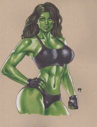 1girls artist_logo big_breasts chris_foulkes clothed clothed_female clothes clothing dark_green_hair dark_hair female female_only fingerless_gloves gloves green-skinned_female green_eyes green_hair green_skin hulk_(series) long_hair marvel marvel_comics mma_gloves muscular_female she-hulk solo sports_bra sports_panties sportswear toned toned_female