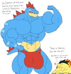 abs anthro bedroom_eyes big_muscles bughemoth clothing duo feraligatr flexing grin huge_muscles luigiman male muscle_worship muscular narrowed_eyes nintendo pecs pokemon pokemon_(species) seductive smile speedo swimwear text typhlosion video_games