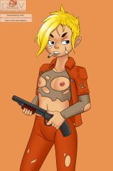 belly_button blonde_hair blue_eyes breasts cigarette cigarette_in_mouth enter_the_gungeon female filler_shmazman freckles holding_gun nipples orange_shirt pants ripped_shirt scar shirt shotgun small_breasts tagme the_convict_(enter_the_gungeon)