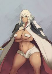 1girls alternate_breast_size big_breasts blonde_hair breasts brown_eyes cleavage coat covered_nipples crossed_arms curvy dark-skinned_female dark_skin female guilty_gear guilty_gear_xrd highres huge_breasts large_breasts long_hair looking_at_viewer metal_owl navel nipple_bulge no_hat no_headwear pasties photoshop_(medium) pout ramlethal_valentine short_shorts shorts solo thick_thighs thighs toned wide_hips