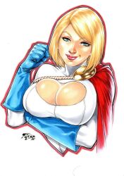 arm_under_breasts big_breasts blue_gloves bust_portrait dc_comics ed_benes_studio female female_only fred_benes gloves hand_drawn karen_starr kryptonian leotard power_girl solo_female white_leotard