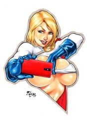 big_breasts blonde_hair blue_eyes busty cellphone dc_comics ed_benes_studio female female_only fred_benes karen_starr kryptonian power_girl selfie showing_off_breasts solo_female